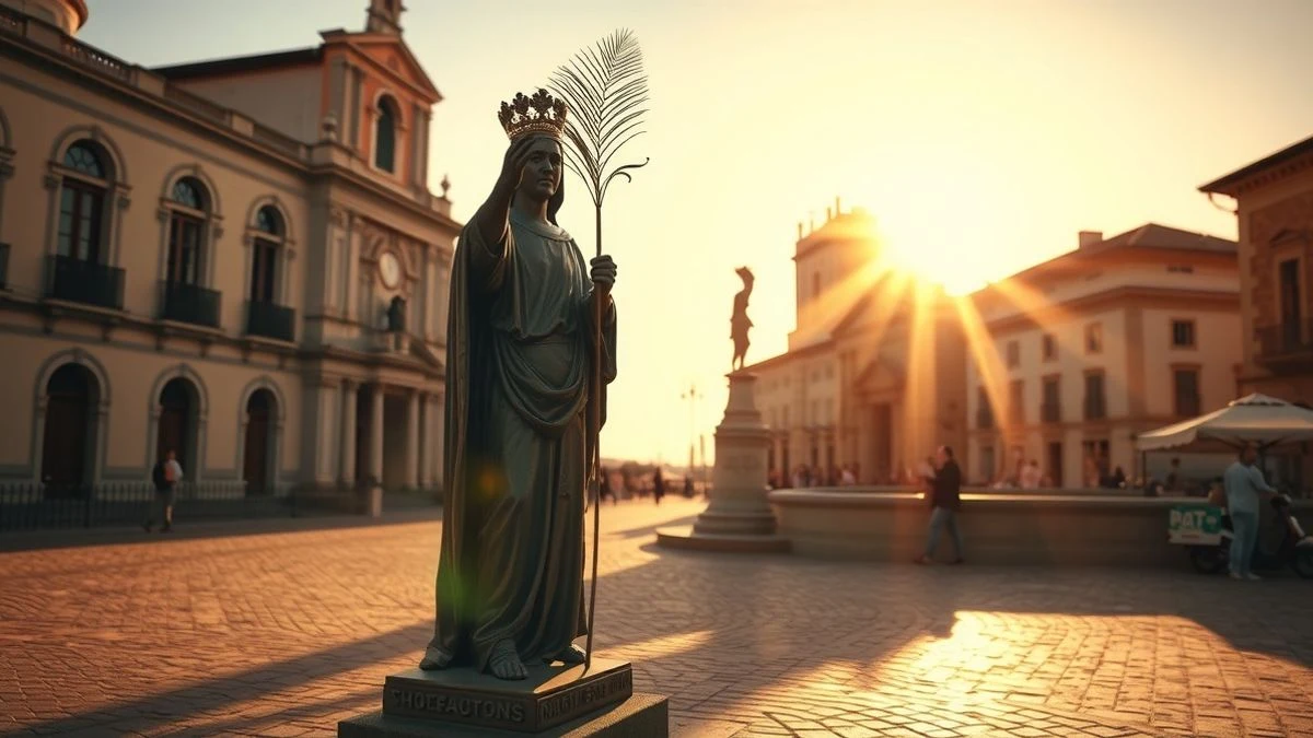 Estatua de bronce de San Bernabé al atardecer en la plaza del mismo nombre en Marbella, con sombras largas y luz dorada.