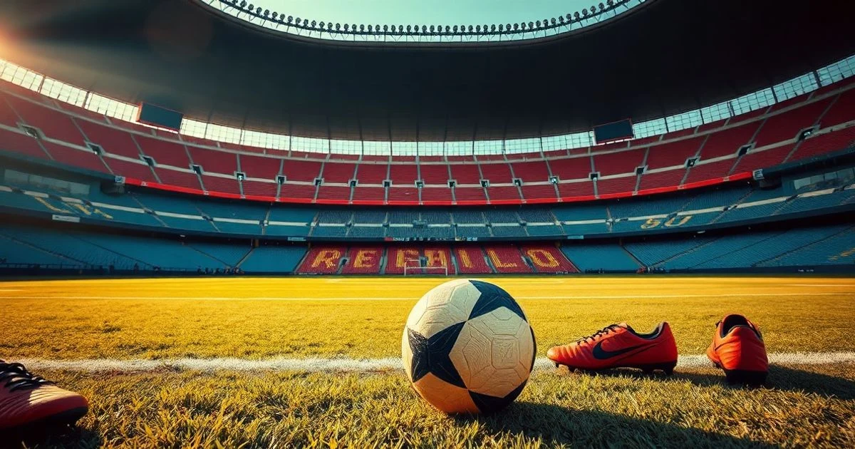 Estadio de fútbol vacío con un balón y botas sobre el césped