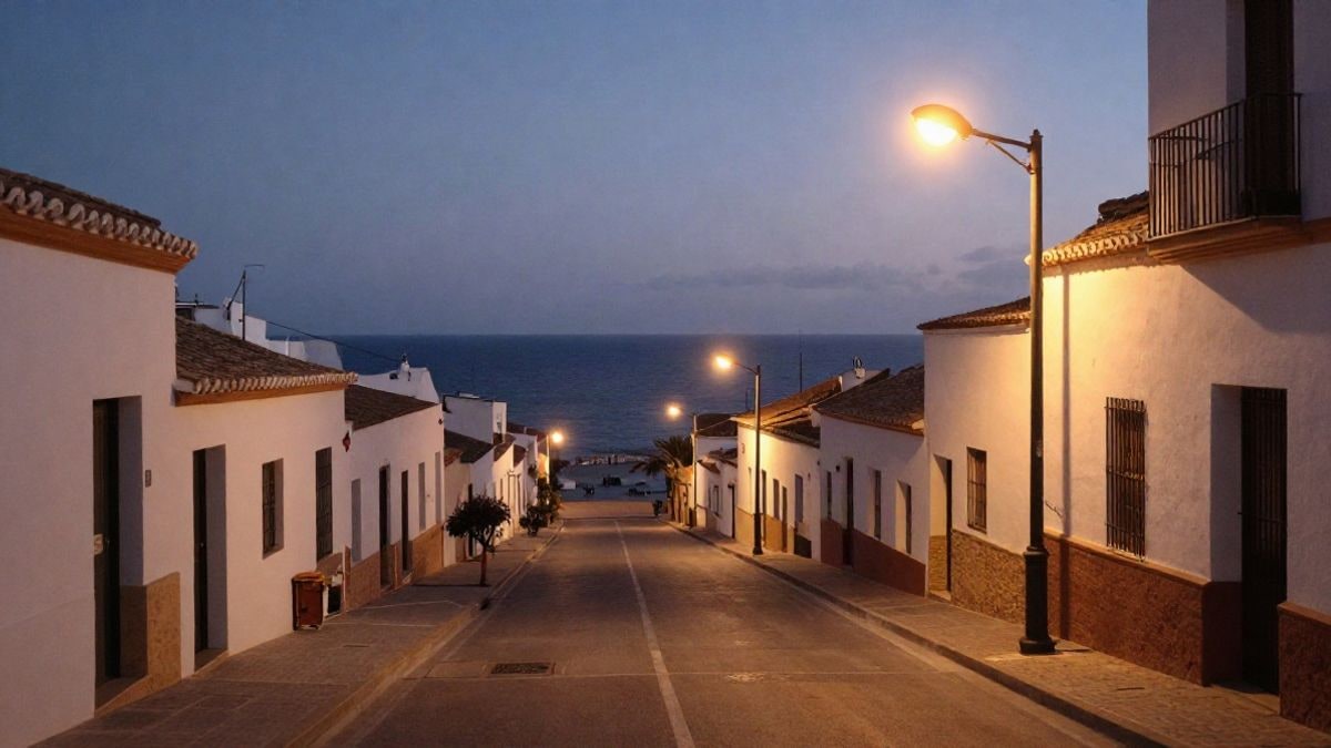 Illustrative image: street of a Spanish coastal municipality at sunset with streetlights and white buildings in perspective