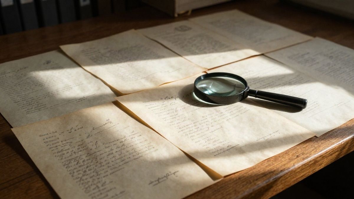 Imagen ilustrativa: documentos antiguos manuscritos con sellos sobre una mesa de madera en un archivo, con luz lateral de ventana.