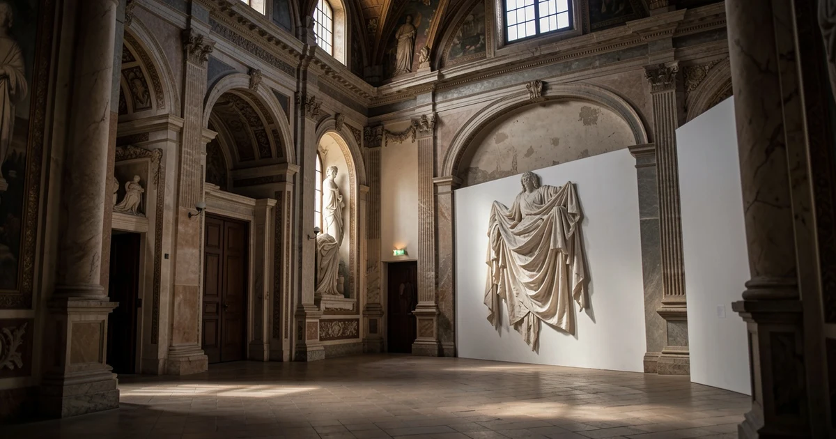 Interior de la antigua iglesia de San Juan de Dios de Antequera con una instalación artística textil en la pared