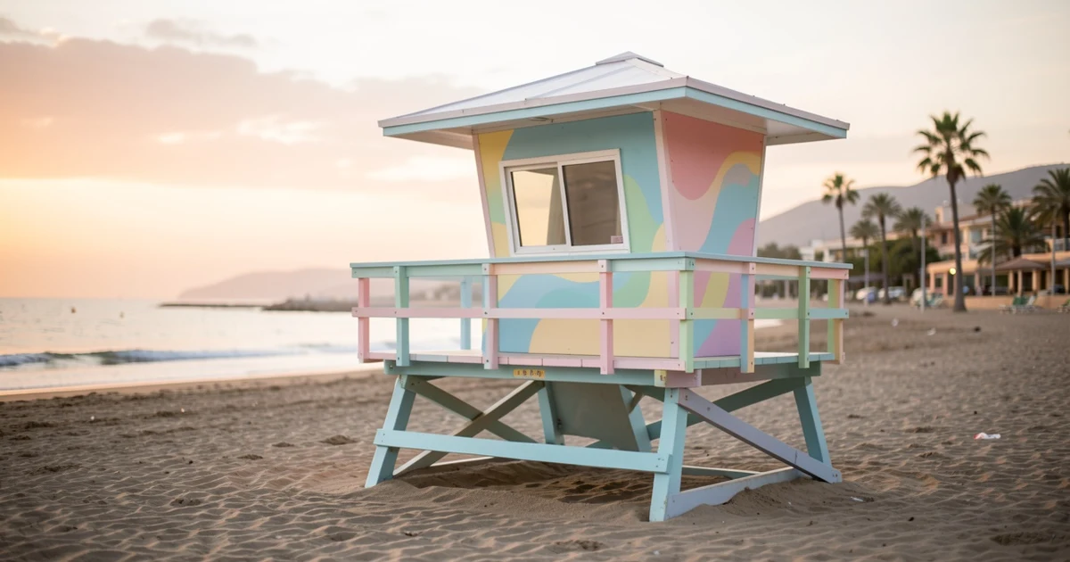 Torreta de salvamento con diseño artístico en tonos pastel en una playa mediterránea