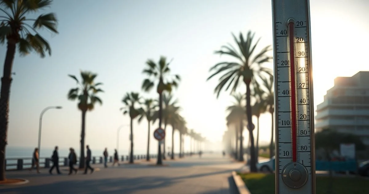 Paseo marítimo de Estepona al amanecer con niebla ligera y un termómetro marcando 32 grados