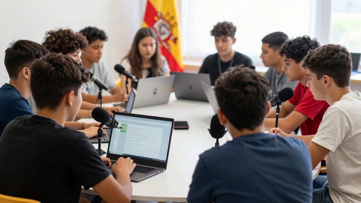 Imagen ilustrativa: grupo de jóvenes de espaldas grabando un podcast en una sala luminosa