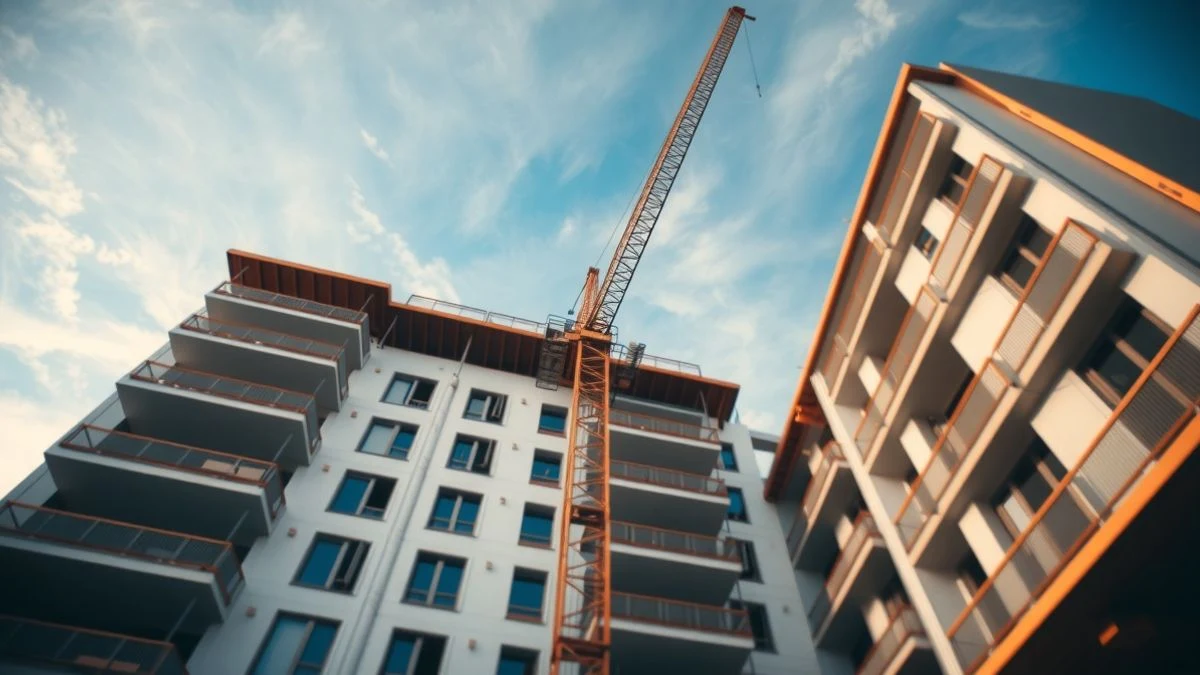 Edificio de viviendas en construcción con grúa y cielo azul de fondo, sector Universidad de Málaga
