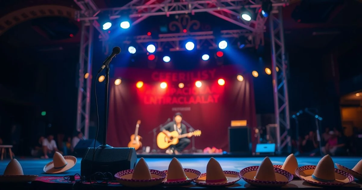 Escenario de concierto al aire libre en Marbella con luces y micrófono, ambiente festivo.