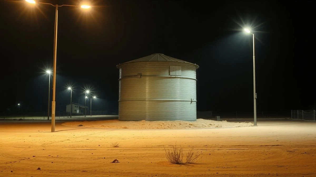 Imagen ilustrativa: un depósito de agua rural iluminado por farolas en un entorno seco, representando la sequía.