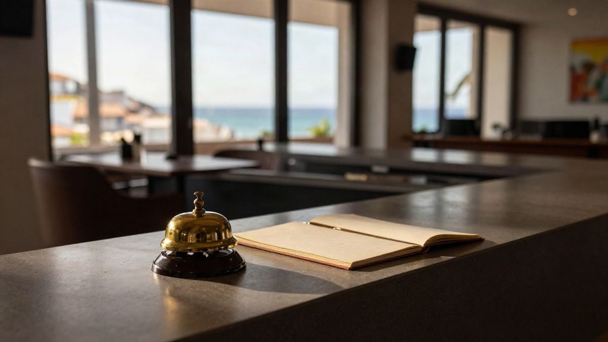 Imagen ilustrativa: mostrador de recepción de un hotel moderno con una campana y un libro de registro, en un interior luminoso