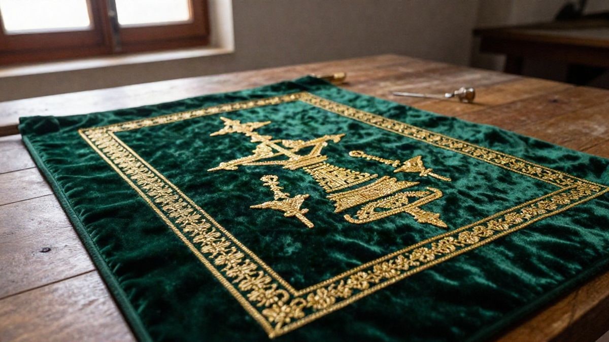 Illustrative image: detail of a golden embroidery on green velvet in a craft workshop.