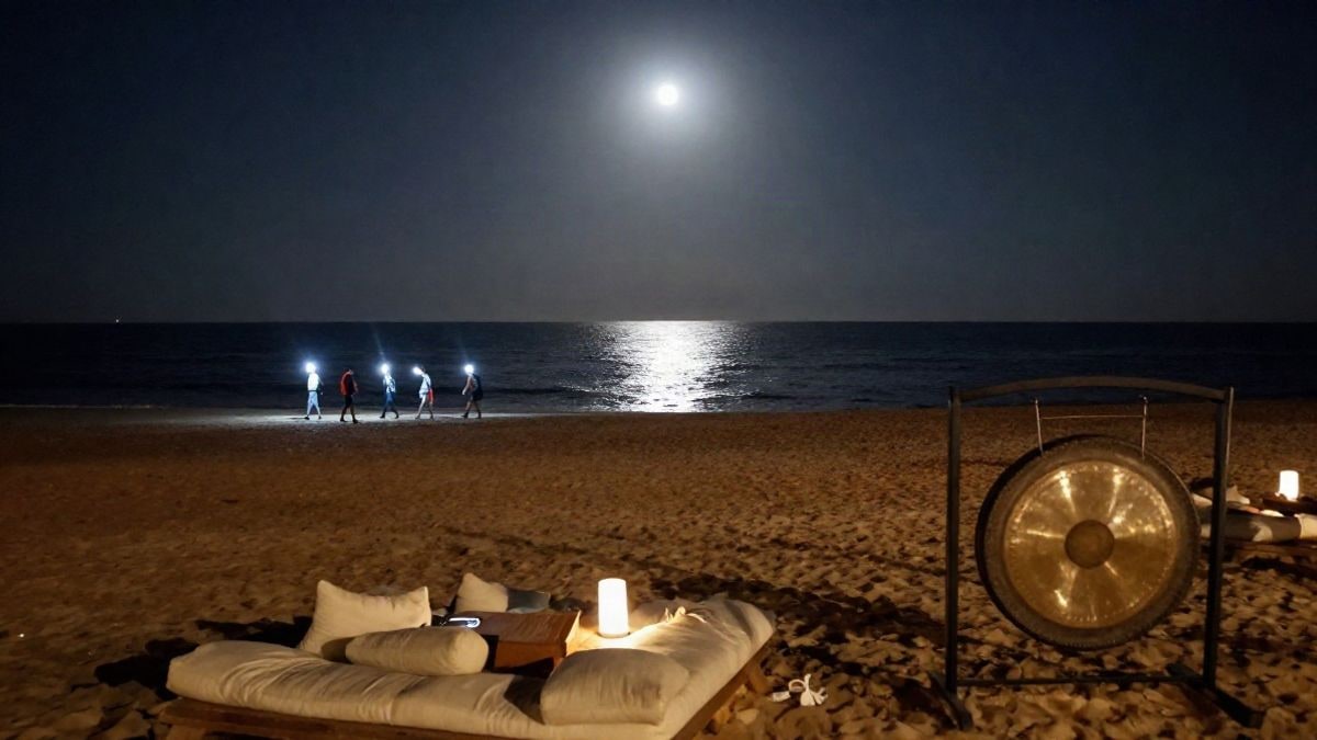 Imagen ilustrativa: playa iluminada por la luna con un grupo de caminantes a lo lejos y una zona chill out en primer plano