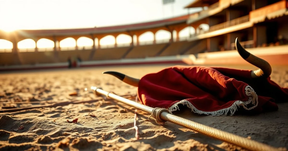 Capa de toreo y rejón sobre la arena de una plaza de toros vacía al atardecer