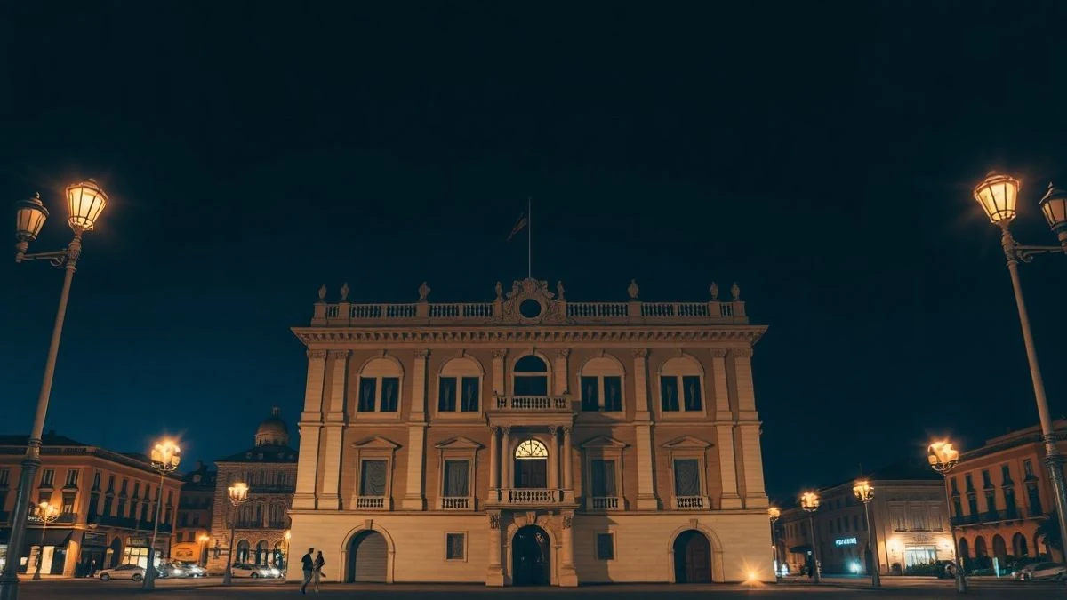 Facade of Málaga City Hall illuminated at night with street lamps and soft neon