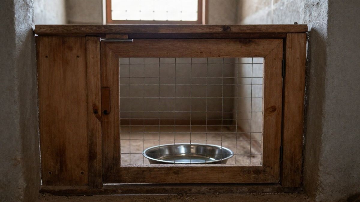 Imagen ilustrativa: puerta de una caseta de madera y un cuenco de agua en un refugio para animales.