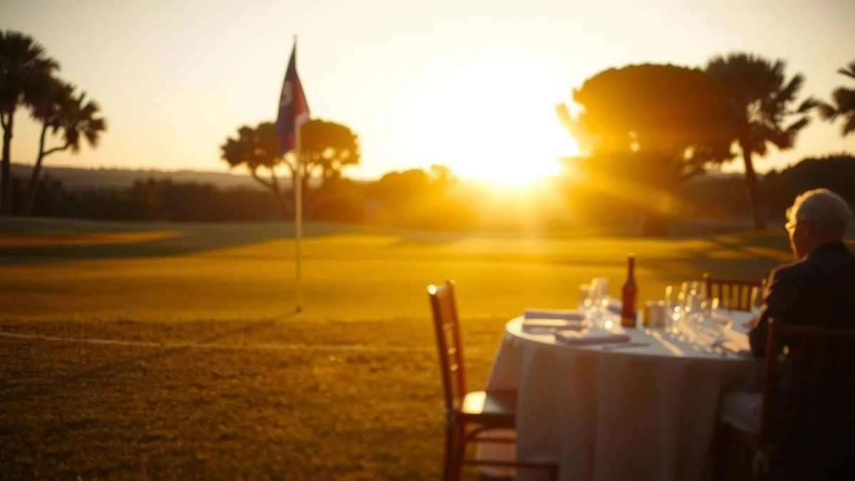 Golf course at sunset with long shadows and a blurred gala dinner table in the background