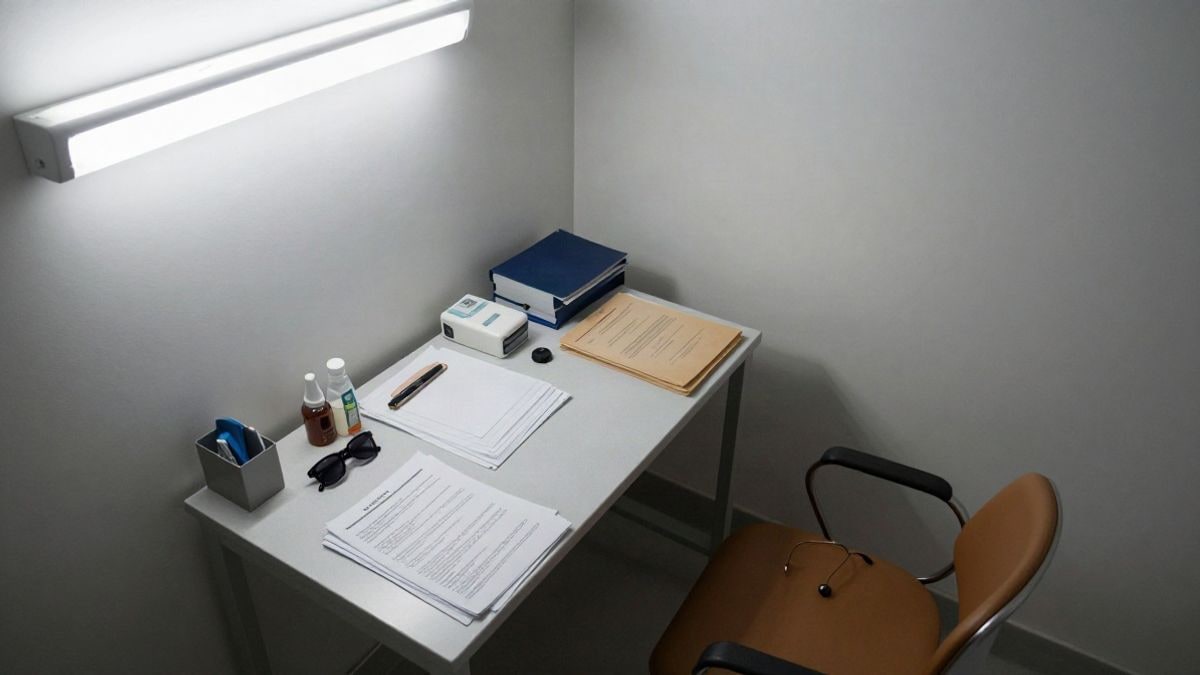 Illustrative image: overhead view of an empty hospital consultation room with folders and sunglasses on a chair
