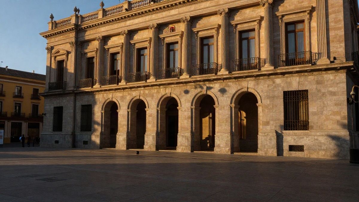 Imagen ilustrativa: fachada de un edificio institucional español genérico al atardecer, con sombras largas