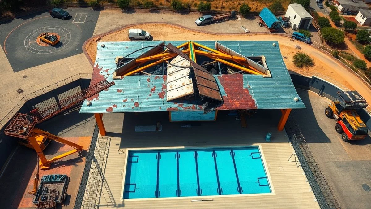 Imagen ilustrativa: vista aérea de un complejo deportivo con piscina y pabellón, con la cubierta dañada en obras.