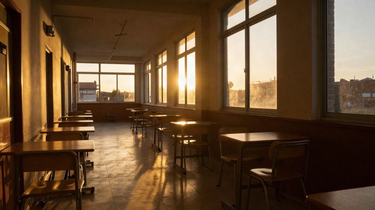 Imagen ilustrativa: pasillo escolar vacío con sillas y mesas bajo la luz del atardecer