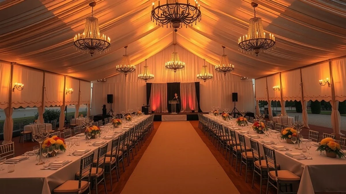 Interior of a gala tent with decorated tables and an empty stage at sunset
