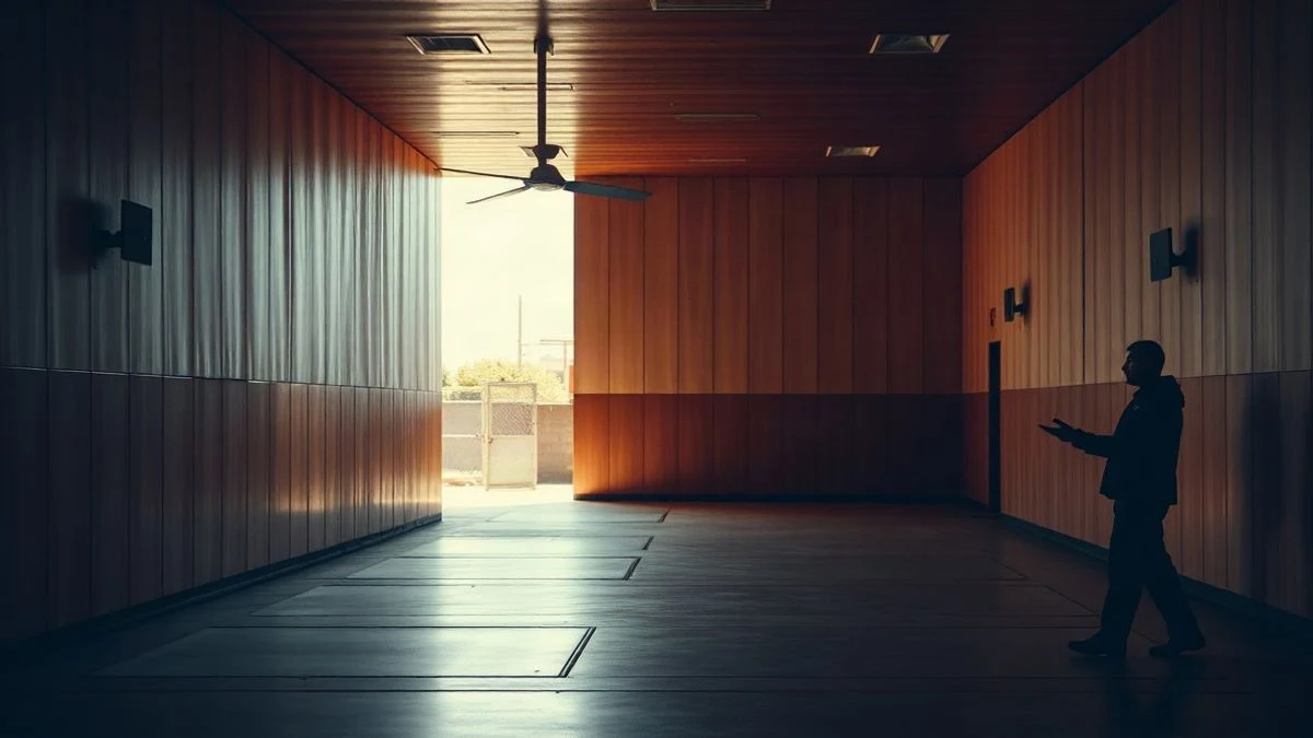 Imagen ilustrativa: interior de un pabellón deportivo con parqué de madera y una portería de balonmano, iluminado por luz lateral.