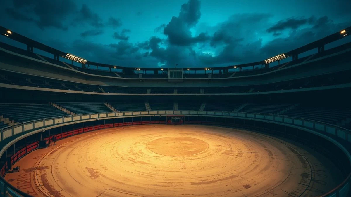 Imagen ilustrativa: vista de una plaza de toros vacía al atardecer, con las gradas y el ruedo en perspectiva