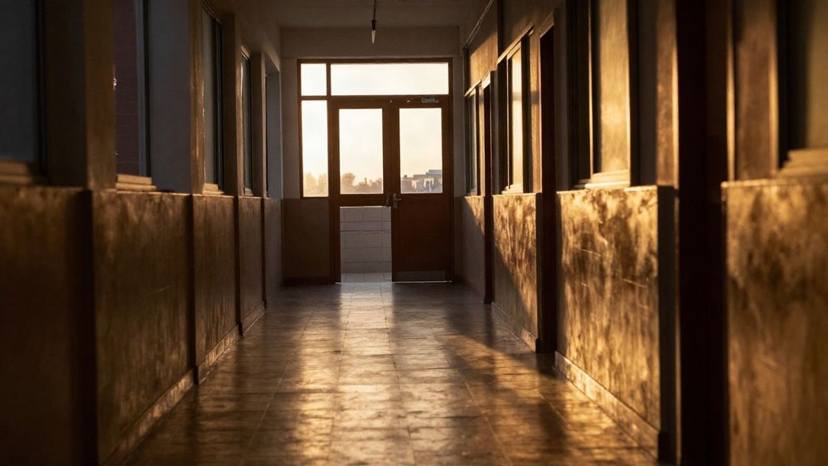 Illustrative image: empty corridor of an educational centre with sunset light and long shadows