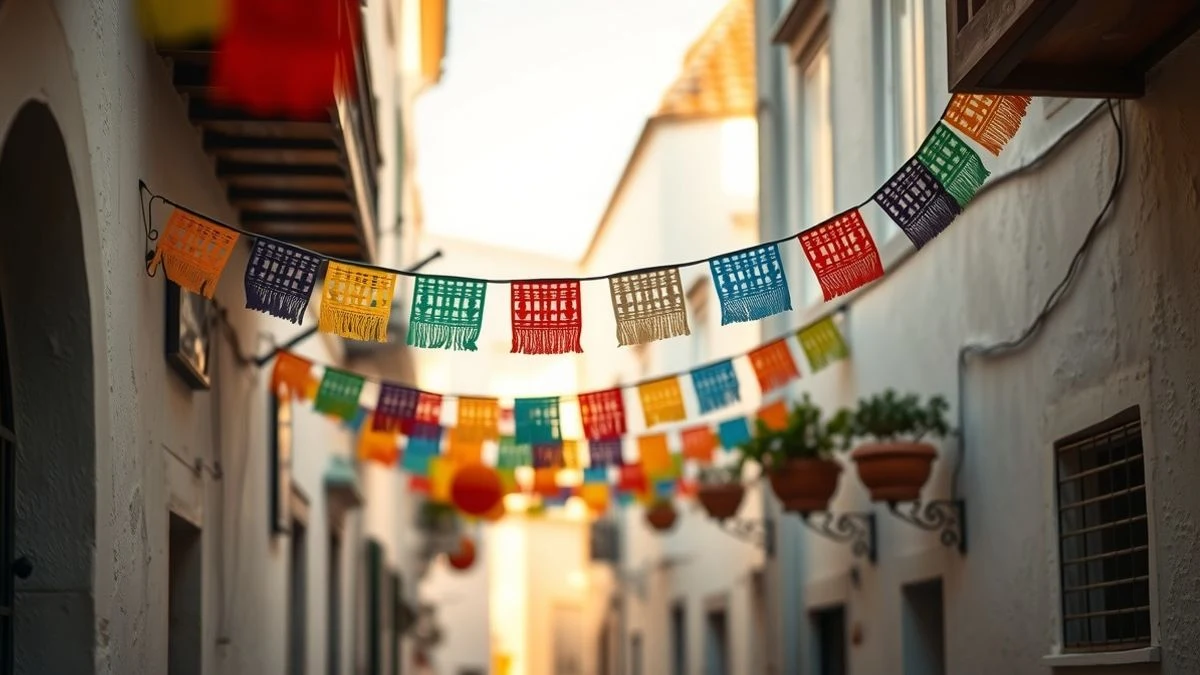 Imagen ilustrativa: banderines de colores decorando una calle encalada de un pueblo blanco andaluz al atardecer