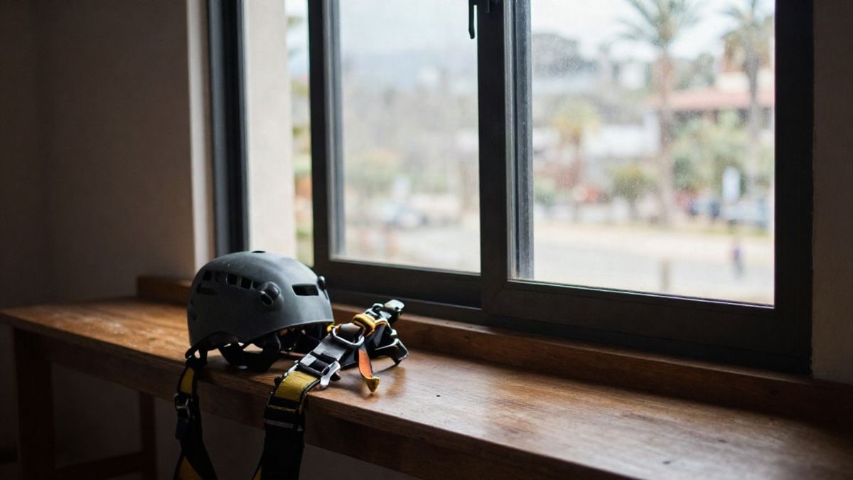 Illustrative image: zip line harness and helmet on a wooden bench by a window with natural light