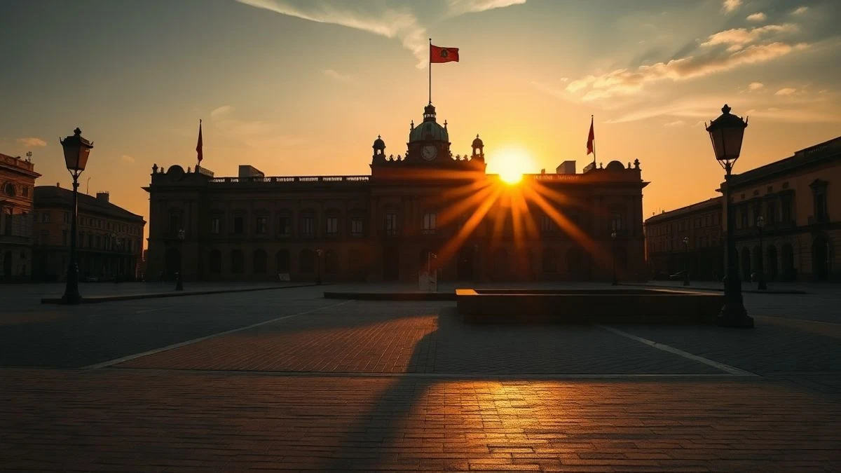 Illustrative image: silhouette of a town hall building at sunset with long shadows in an empty square.