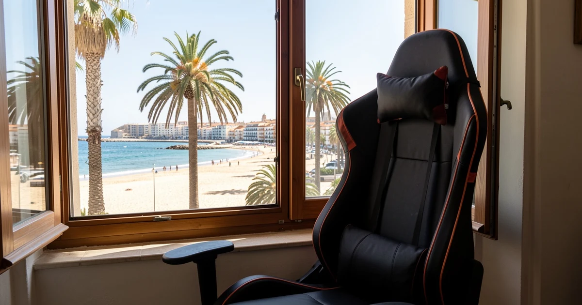 Silla de gaming frente a una ventana con vistas a la playa de Fuengirola