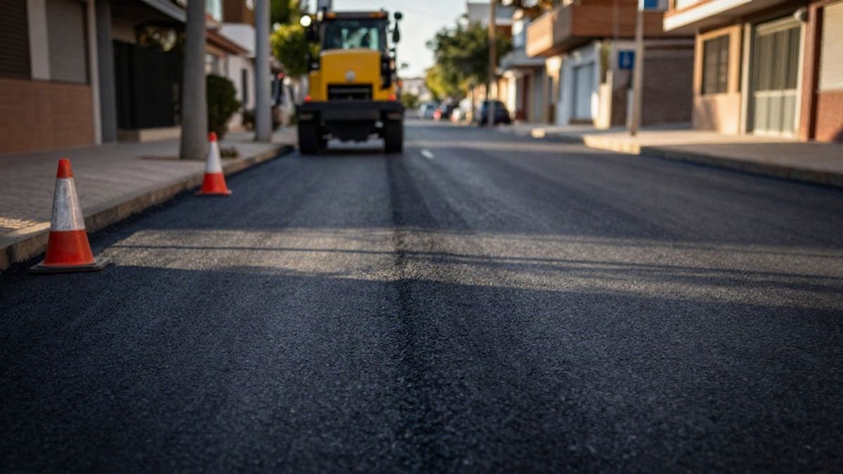 Imagen ilustrativa: calle recién asfaltada con conos y máquina de pintura vial al atardecer