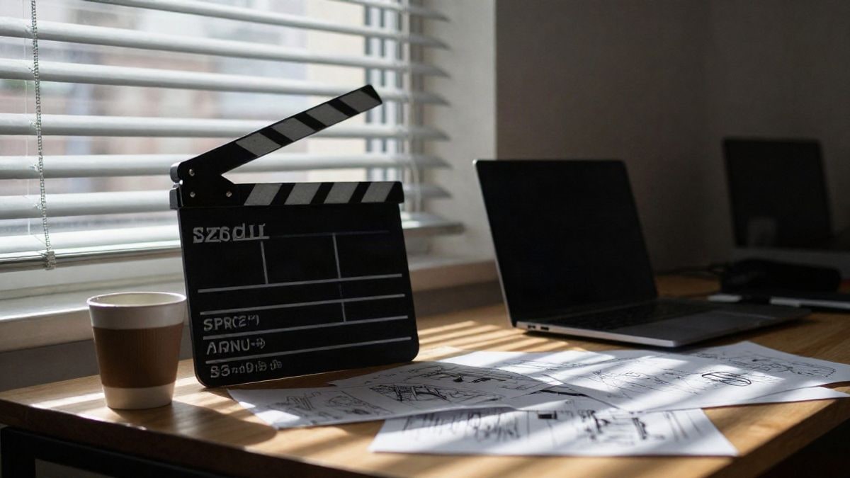 Imagen ilustrativa: claqueta y ordenador sobre una mesa de estudio creativo con luz lateral