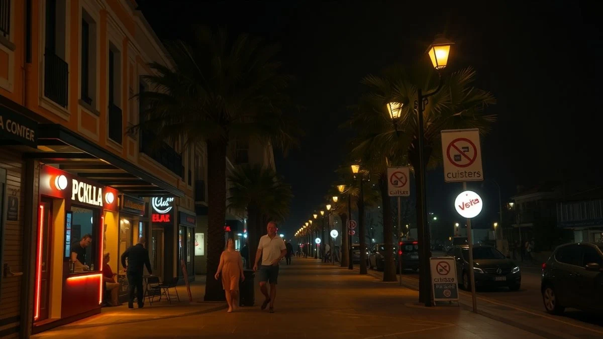 Imagen ilustrativa: calle peatonal iluminada con farolas y luz tenue de neón en una localidad costera mediterránea de noche.