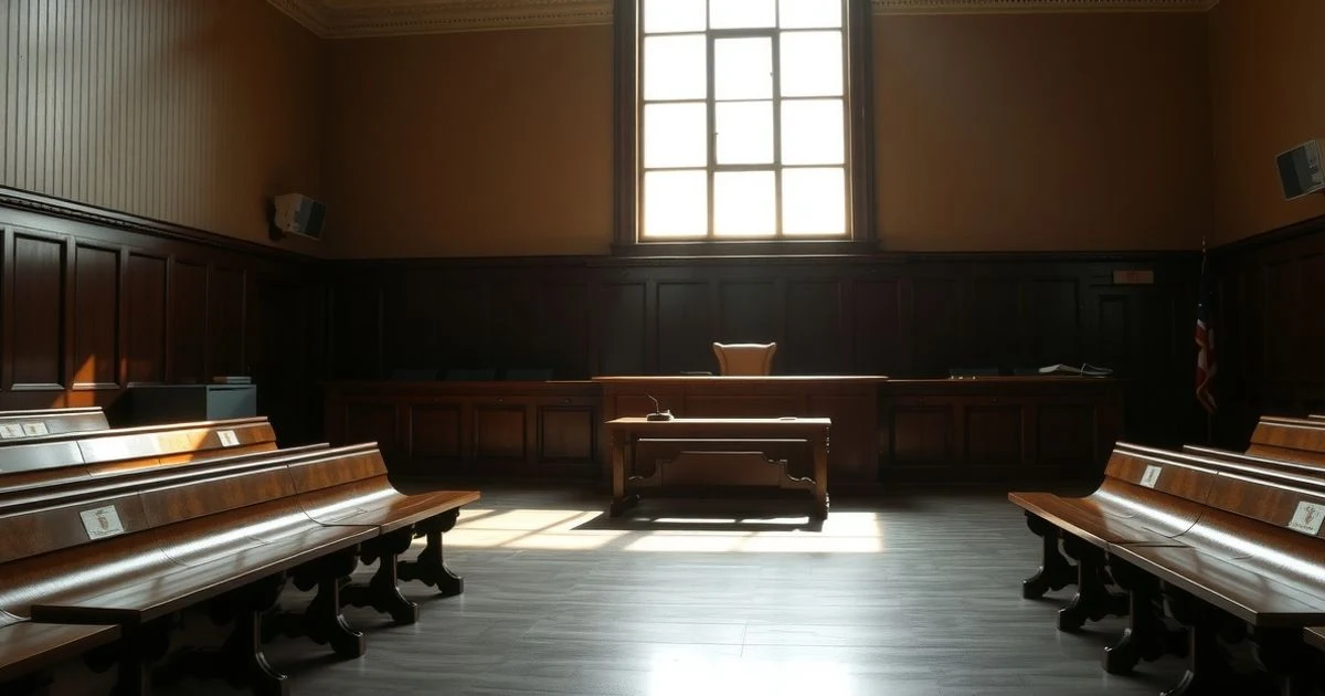 Empty courtroom with dramatic natural light, wooden bench and judge's chair