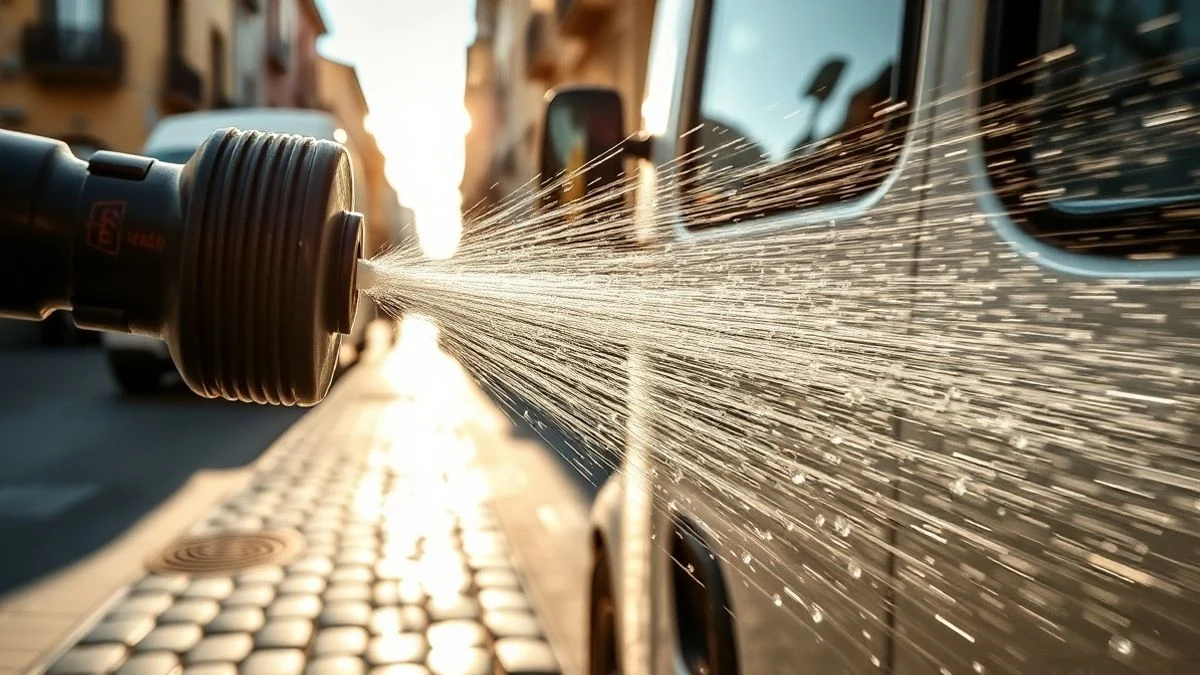 Imagen ilustrativa: boquilla de agua de un vehículo de limpieza viaria en una calle empedrada al sol.