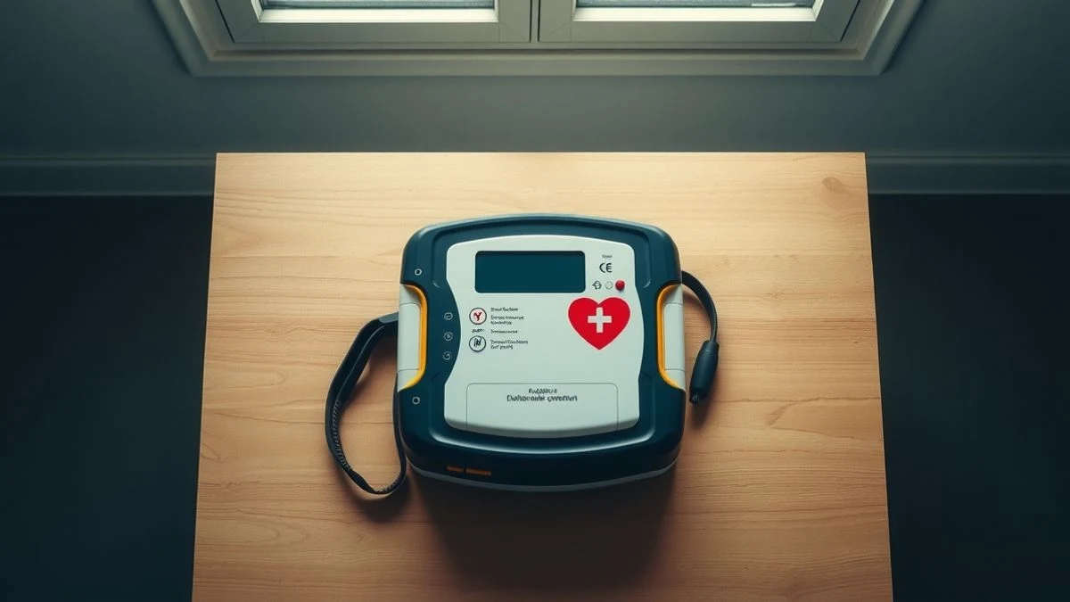 Aerial view of a semi-automatic external defibrillator on a wooden table