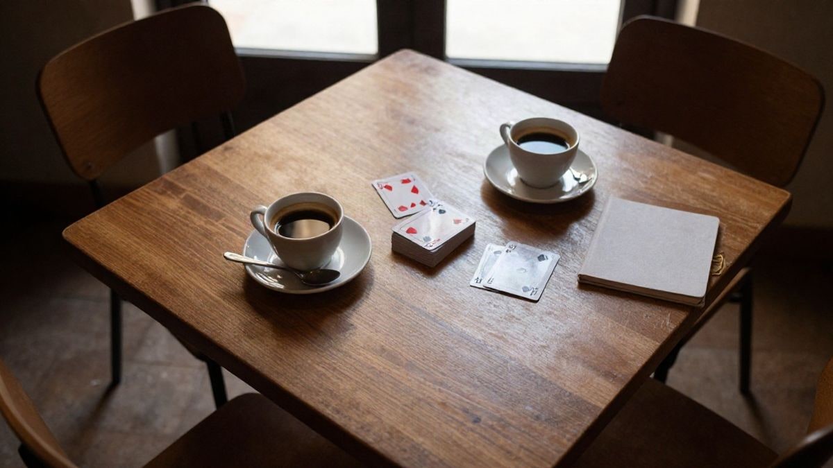 Imagen ilustrativa: vista cenital de una mesa con dos tazas de café, una baraja de cartas y un cuaderno, con sillas vacías alrededor