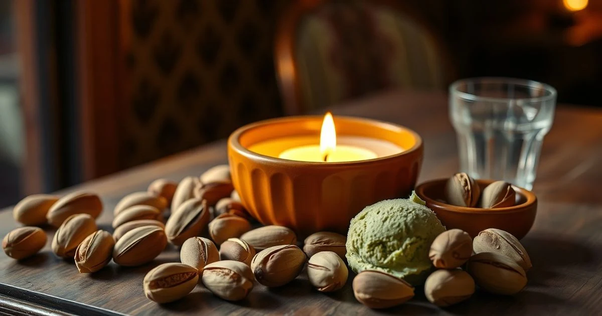 Vela verde de LOEWE sobre terracota con pistachos y helado, luz cálida