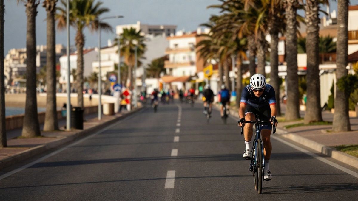 Imagen ilustrativa: calle costera española con barreras de tráfico y palmeras al atardecer, preparada para el paso de una carrera ciclista