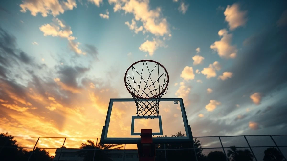 Imagen ilustrativa: una canasta de baloncesto vista desde abajo con el cielo de fondo al atardecer