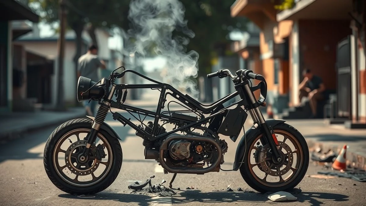 Illustrative image: a burned motorcycle on a residential street, with smoke and some blurred neighbours in the background.