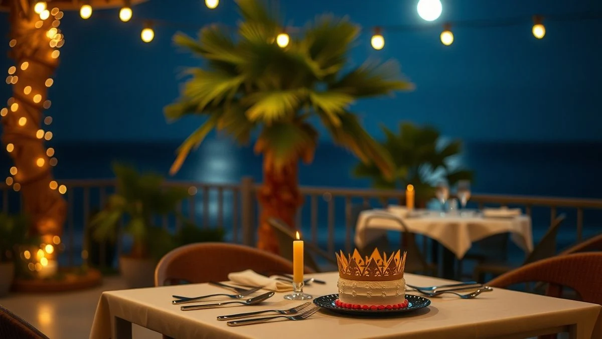 Imagen ilustrativa: mesa de cumpleaños en terraza de restaurante con vista al mar, con tarta y corona dorada, iluminada con luces de colores.