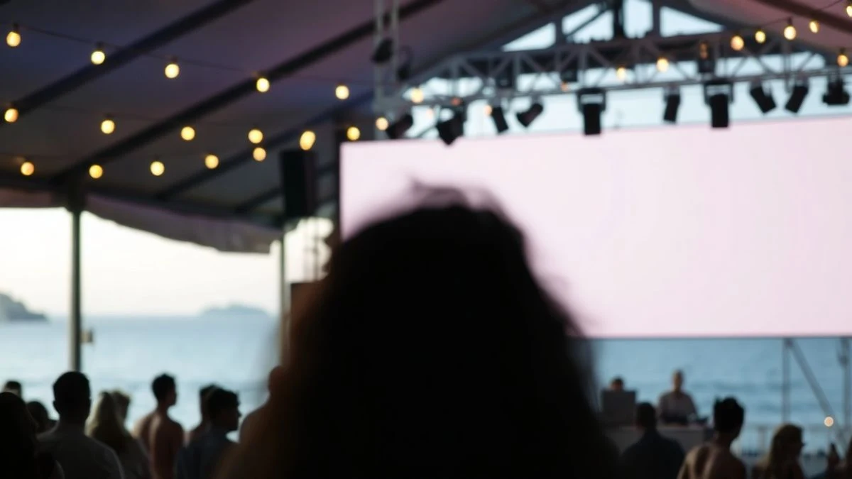 Imagen ilustrativa: playa al atardecer con gente vestida de blanco y un escenario musical de fondo.