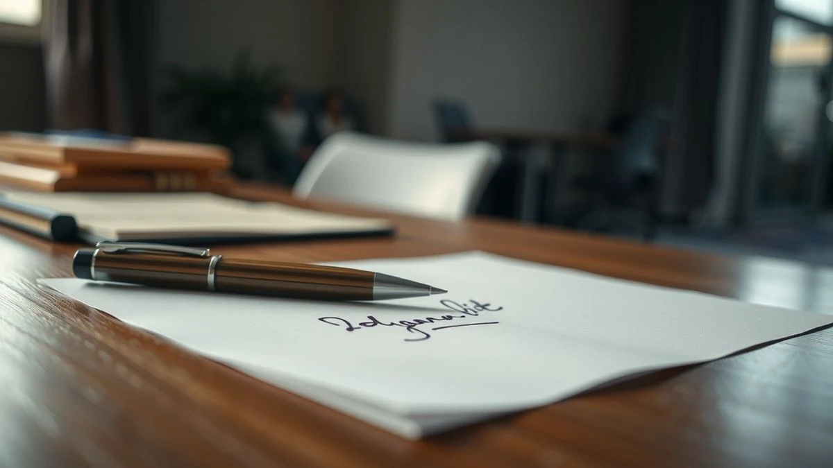 Primer plano de un documento firmado sobre una mesa de madera con un bolígrafo, luz natural suave, fondo desenfocado de oficina