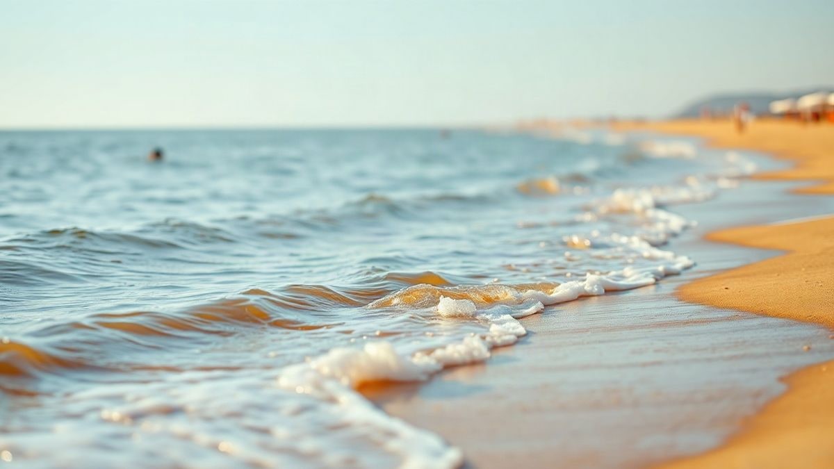 Illustrative image: Mediterranean beach with umbrellas and two dolphins surfacing in the water in the distance