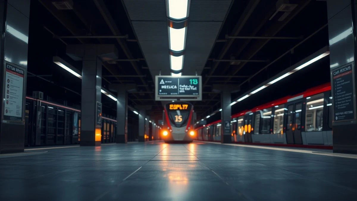 Empty metro station at night with artificial light and a train approaching in the background