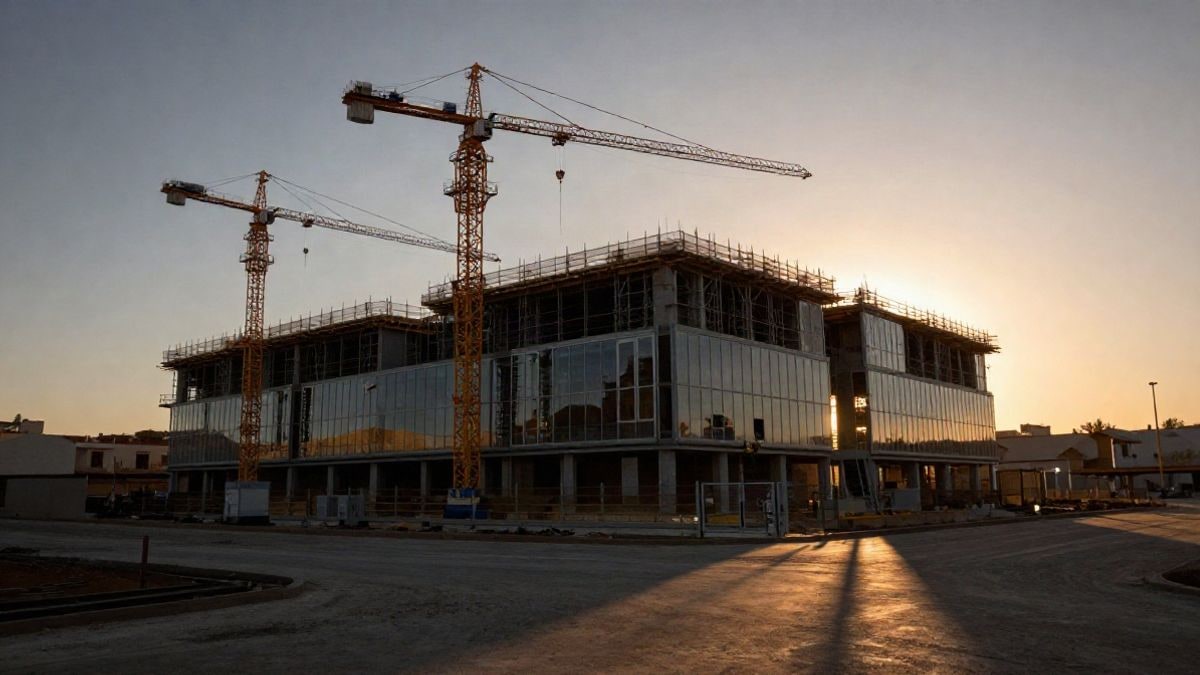 Imagen ilustrativa: obras de un edificio comercial al atardecer, con grúas y andamios en silueta.