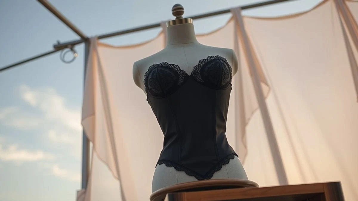 Corsé negro troquelado sobre maniquí con luz de atardecer mediterráneo
