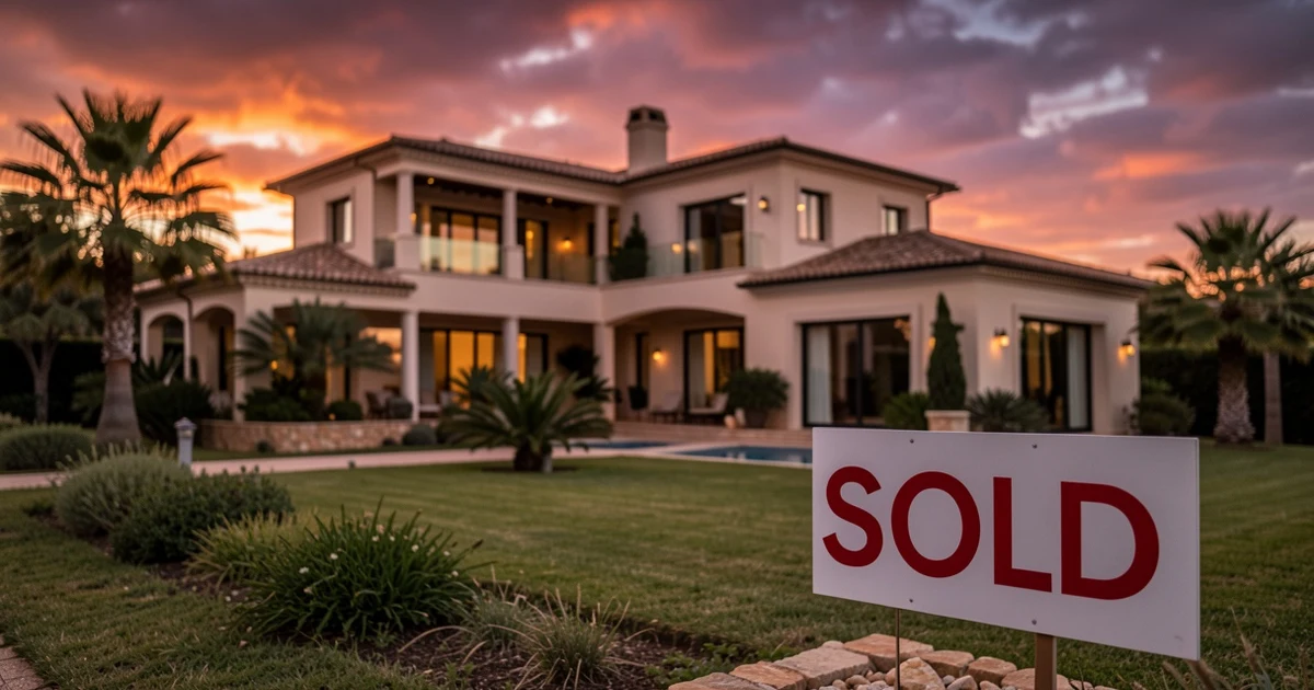 Luxury villa in Benahavís with sold sign at sunset