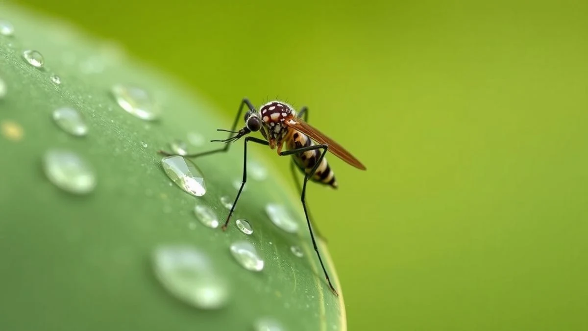 Imagen ilustrativa: un mosquito sobre una hoja con gotas de agua, fondo desenfocado